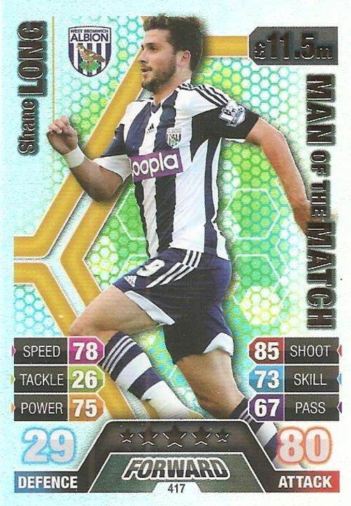 SHANE LONG - TOPPS `MATCH ATTAX` 2013/14 UK ONLY - FOIL `MAN of the MATCH` TRADING CARD 417
