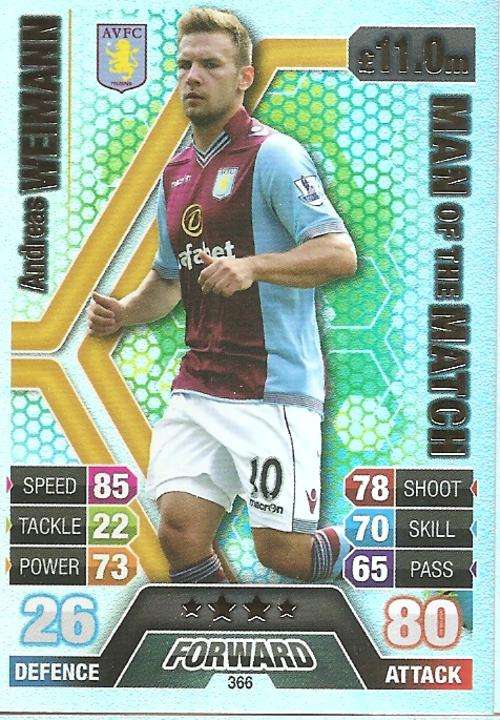 ANDREAS WEIMANN - TOPPS `MATCH ATTAX` 2013/14 UK ONLY - FOIL `MAN of the MATCH` TRADING CARD 366