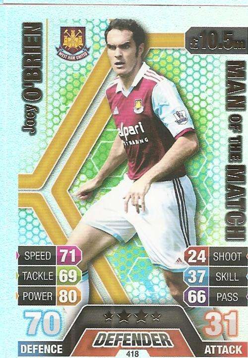 JOEY O`BRIEN - TOPPS `MATCH ATTAX` 2013/14 UK ONLY -  FOIL `MAN of the MATCH` TRADING CARD 418