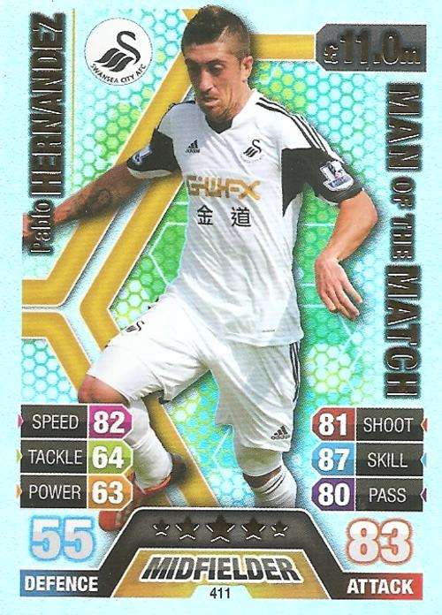 PABLO HERNANDEZ - TOPPS `MATCH ATTAX` 2013/14 UK ONLY - FOIL `MAN of the MATCH` TRADING CARD 411