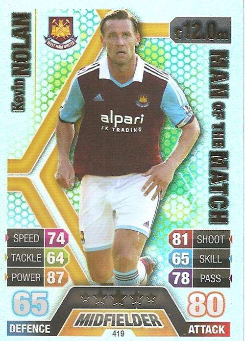 KEVIN NOLAN - TOPPS `MATCH ATTAX` 2013/14 UK ONLY - FOIL `MAN of the MATCH` TRADING CARD 419