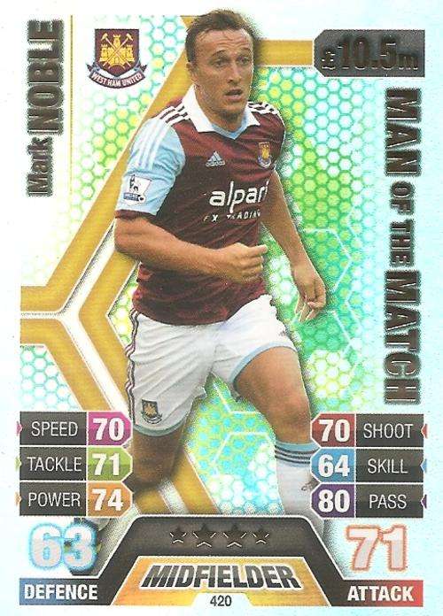 MARK NOBLE - TOPPS `MATCH ATTAX` 2013/14 UK ONLY - FOIL `MAN of the MATCH` TRADING CARD 420