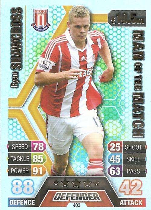 RYAN SHAWNCROSS - TOPPS `MATCH ATTAX` 2013/14 UK ONLY -  FOIL `MAN of the MATCH` TRADING CARD 403