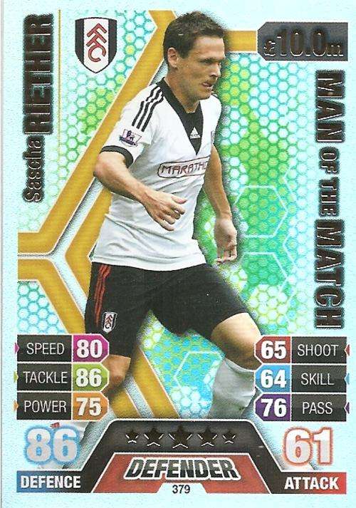 SASCHA RIETHER - TOPPS `MATCH ATTAX` 2013/14 UK ONLY -  FOIL `MAN of the MATCH` TRADING CARD 379