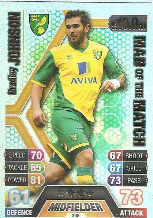 BRADLEY JOHNSON - TOPPS `MATCH ATTAX` 2013/14 UK ONLY - FOIL `MAN of the MATCH` TRADING CARD 398