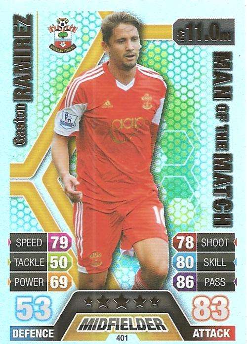 GASTON RAMIREZ - TOPPS `MATCH ATTAX` 2013/14 UK ONLY -  FOIL `MAN of the MATCH` TRADING CARD 401