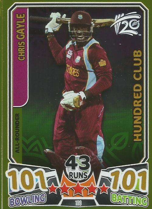 CHRIS GAYLE - TOPPS ICC CRICKET T20 WORLD CUP 2014 - RARE `CLUB 101` TRADING CARD 189