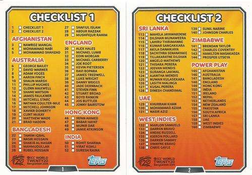 ICC CRICKET T20 WORLD CUP 2014 - CARD COLLECTION "CHECKLISTS" CARDS 1 and 2