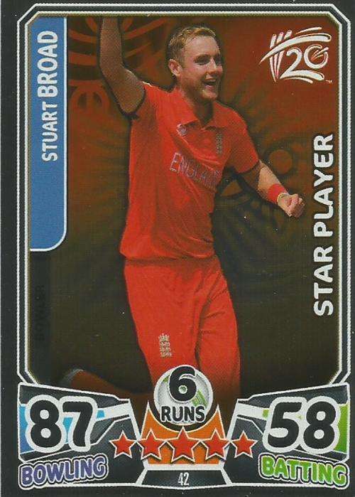 STUART BROAD - ICC CRICKET T20 WORLD CUP 2014 - `STAR PLAYER` FOIL TRADING CARD 42