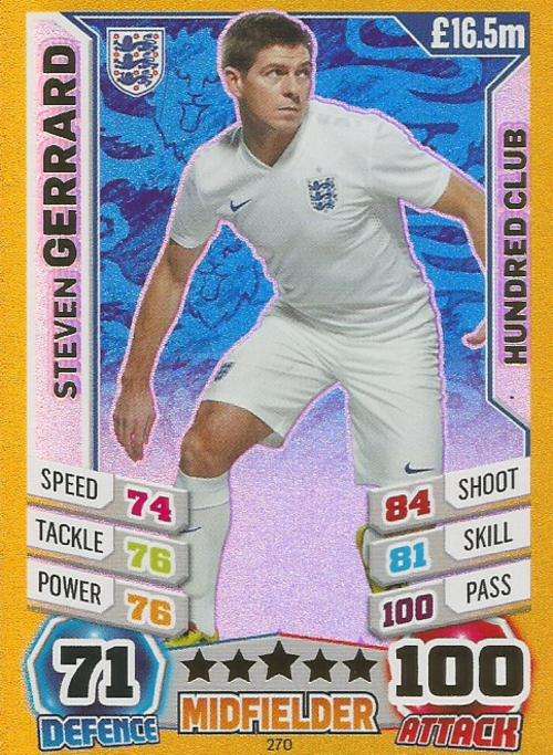 WORLD CUP 2014 "MATCH ATTAX" - STEVEN GERARD "CLUB 100" CARD
