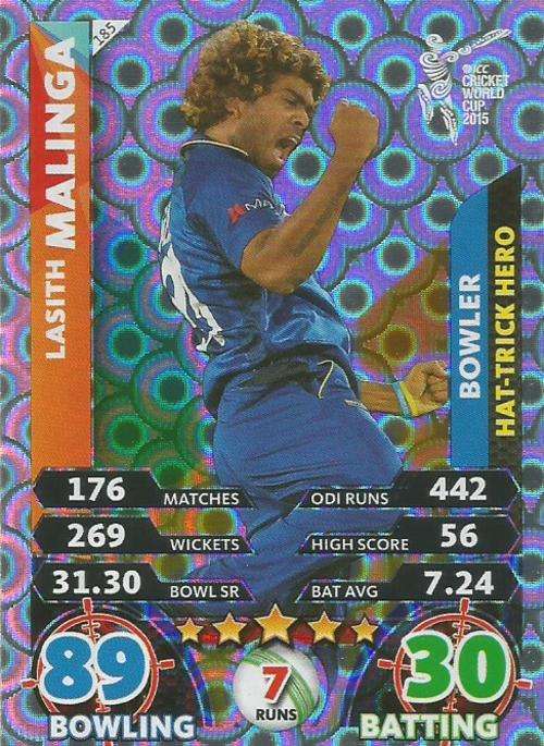LASITH MALINGA - ICC CRICKET WORLD CUP 2015 - RARE `HAT TRICK HERO` SILVER CARD