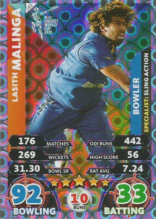 LASITH MALINGA - ICC CRICKET WORLD CUP 2015 - `SPECIALIST` SILVER TRADING CARD 183