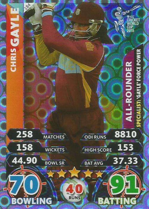 CHRIS GAYLE - ICC CRICKET WORLD CUP 2015 - `SPECIALIST` SILVER TRADING CARD 184