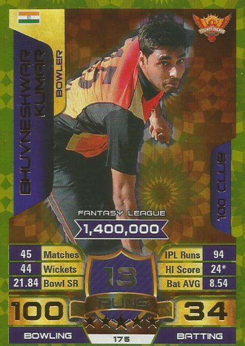 BHUV. KUMAR - IPL CRICKET ATTAX 2015/16 - "CLUB 100" GOLD TRADING CARD 175