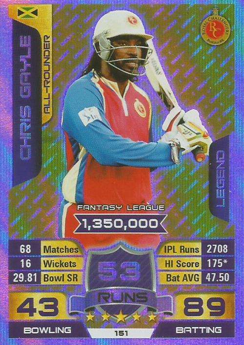 CHRIS GAYLE - IPL CRICKET ATTAX 2015/16 - "LEGEND" SILVER TRADING CARD 151