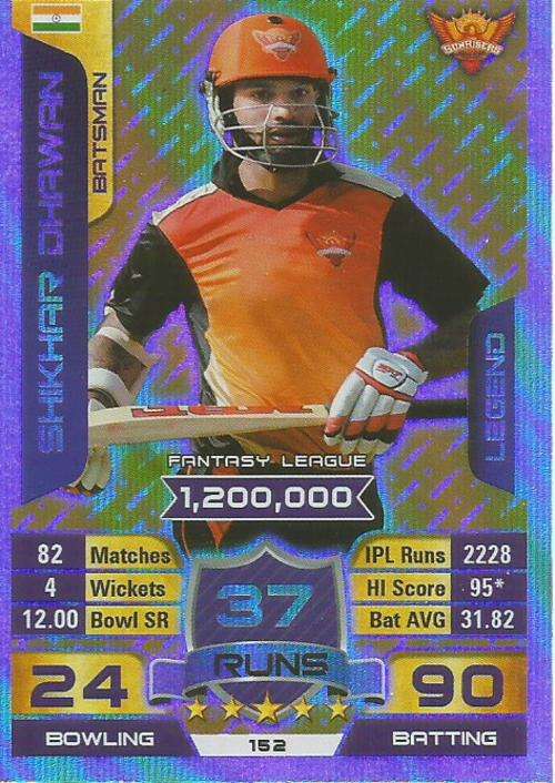 SHIKHAR DHAWAN - IPL CRICKET ATTAX 2015/16 - "LEGEND" SILVER TRADING CARD