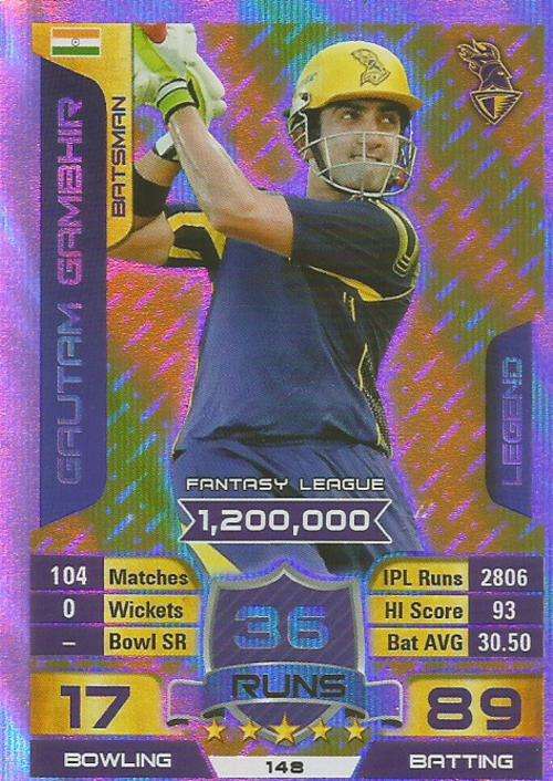 GAUTAM GAMBHIR - IPL CRICKET ATTAX 2015/16 - "LEGEND" SILVER TRADING CARD