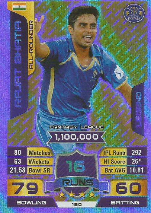 RAJAT BHATIA - IPL CRICKET ATTAX 2015/16 - "LEGEND" SILVER TRADING CARD