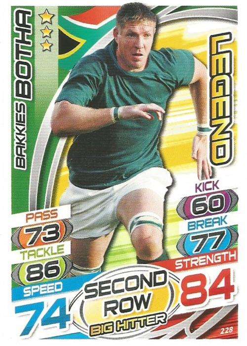 BAKKIES BOTHA  - TOPPS `RUGBY WORLD CUP` 2015 -  `LEGEND` BASE TRADING CARD 228