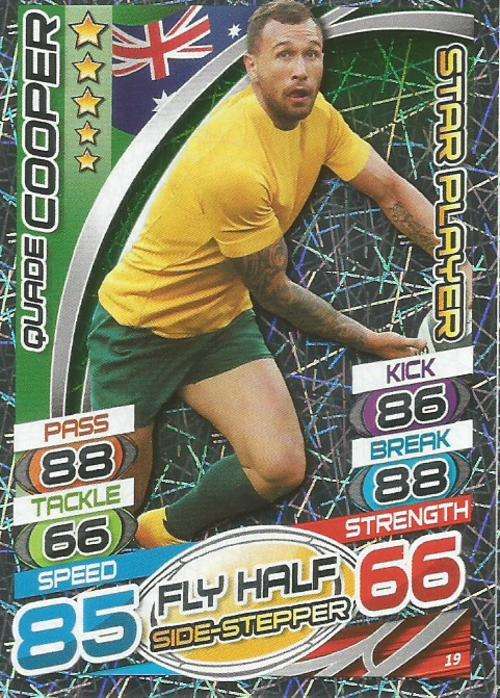 QUADE COOPER (Australia) TOPPS `RUGBY WORLD CUP 2015` -  `STAR PLAYER` FOIL TRADING CARD 19