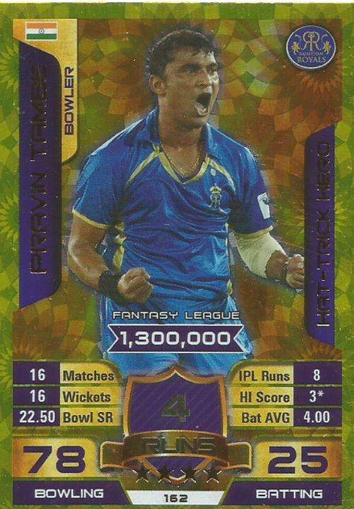 PRAVIN TAMBE - IPL CRICKET ATTAX 2015/16 - "HAT TRICK HERO" GOLD TRADING CARD