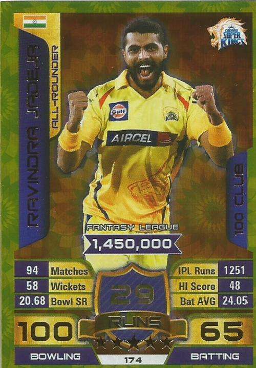 RAVINDRA JADEJA - IPL CRICKET ATTAX 2015/16 - "CLUB 100" GOLD TRADING CARD