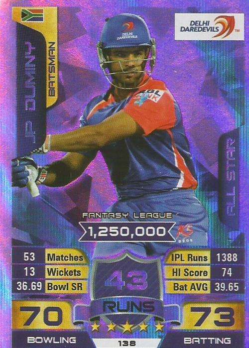 JP DUMINY - IPL CRICKET ATTAX 2015/16 - "ALL STAR" SILVER TRADING CARD