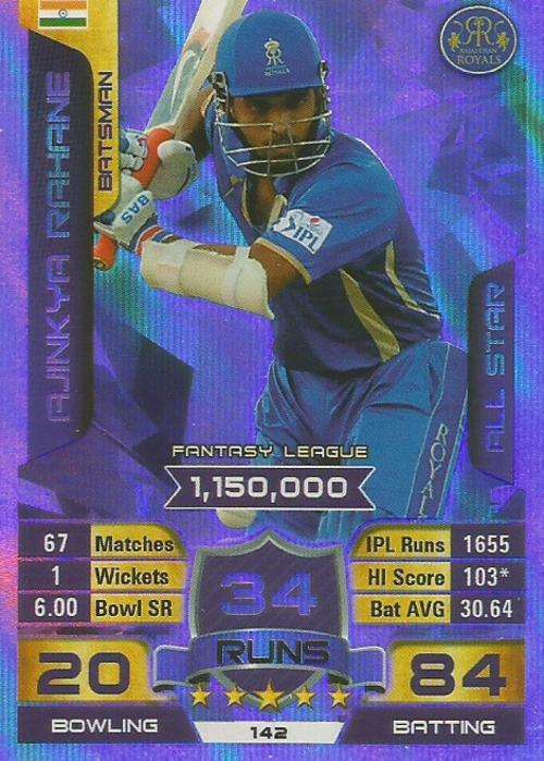 AJINKYA RAHANE - IPL CRICKET ATTAX 2015/16 - "ALL STAR" SILVER TRADING CARD