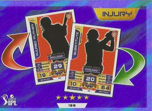 IPL CRICKET ATTAX 2015/16 - "INJURY" SILVER TRADING CARD