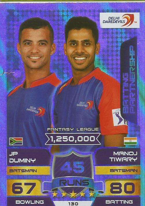 JP DUMINY/M. TIWARY - IPL CRICKET ATTAX 2015/16 - "BATTING PARTNERSHIP" SILVER TRADING CARD