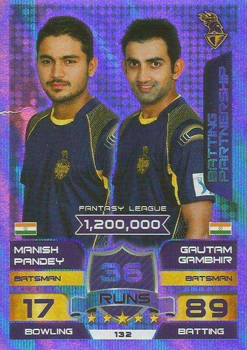 M. PANDEY/G. GAMBHIR - IPL CRICKET ATTAX 2015/16 - "BATTING PARTNERSHIP" SILVER TRADING CARD