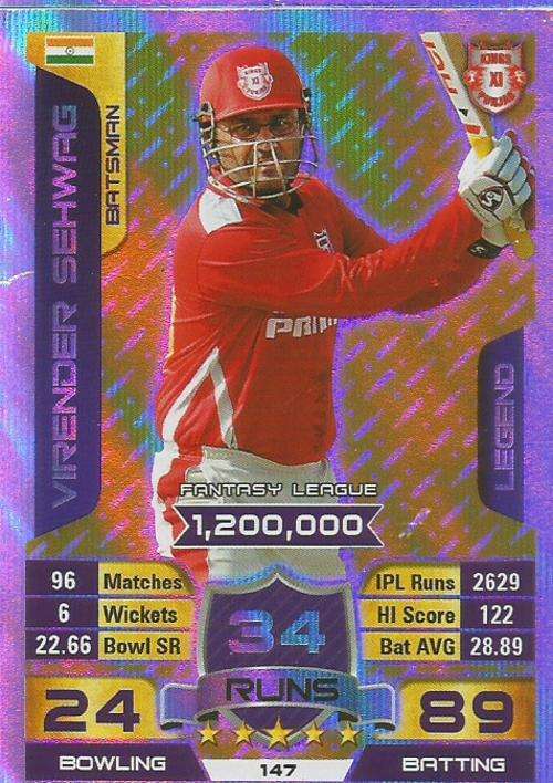 VIRENDER SEHWAG - IPL CRICKET ATTAX 2015/16 - "LEGEND" SILVER TRADING CARD