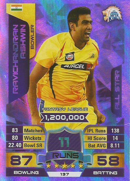 RAVICHANDRAN ASHWIN - IPL CRICKET ATTAX 2015/16 - "ALL STAR" SILVER TRADING CARD