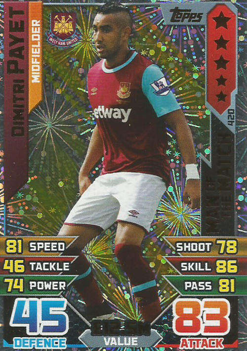 MATCH ATTAX 2015/2016 - DIMITRI PAYET -   "MAN of the MATCH" TRADING CARD