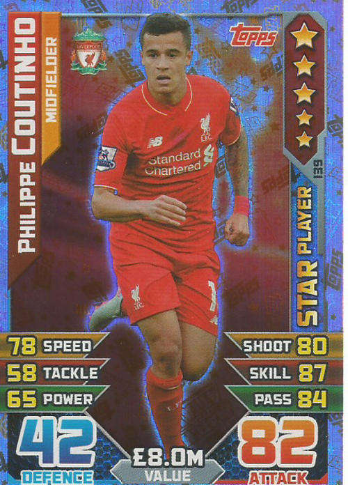 MATCH ATTAX 2015/2016 - PHILIPPE COUTINHO -   "STAR PLAYER" FOIL TRADING CARD