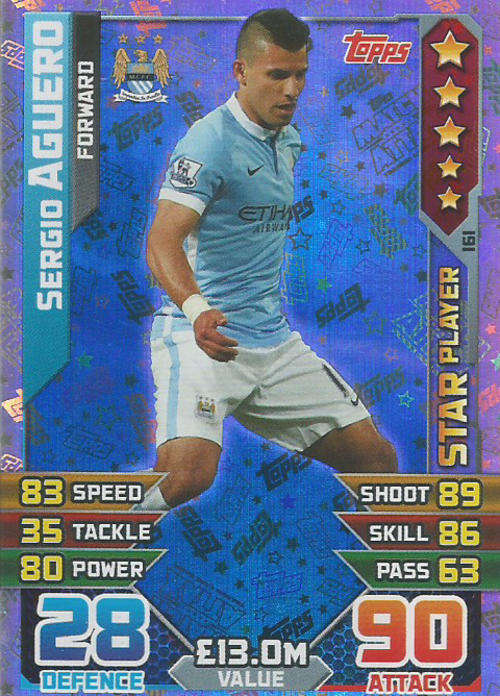MATCH ATTAX 2015/2016 -SERGIO AGUERO -   `STAR PLAYER` FOIL TRADING CARD