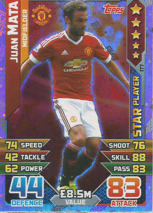 MATCH ATTAX 2015/2016 - JUAN MATA -   "STAR PLAYER" FOIL TRADING CARD