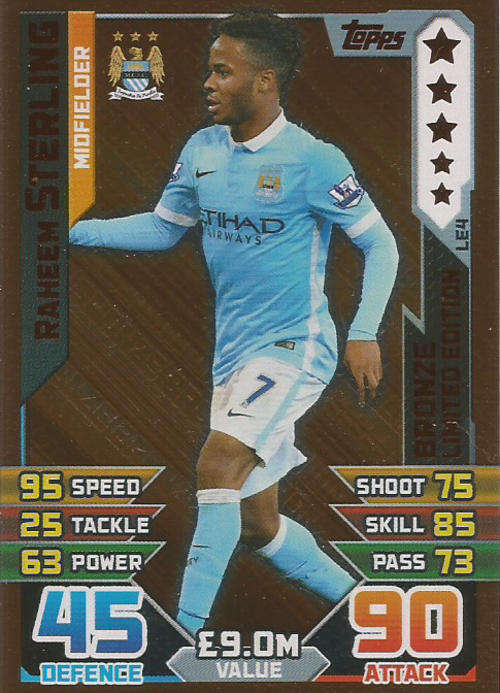 RAHEEM STERLING - MATCH ATTAX 2015/2016 - BRONZE "LIMITED EDITION" TRADING CARD