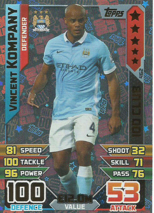 VINCENT KOMPANY - MATCH ATTAX 2015/2016 -  "CLUB 100" TRADING CARD