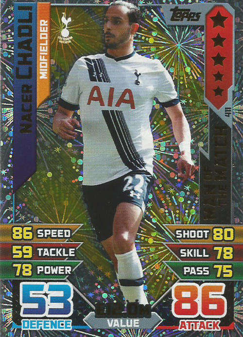 MATCH ATTAX 2015/2016 - NACER CHADLI  -  "MAN of the MATCH" TRADING CARD