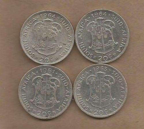 SOUTH AFRICA - SILVER 20 Cents LOT of 4 COINS - CIRCULATED