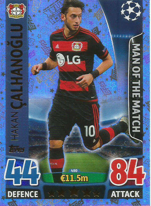 HAKAN CALHANOGLU - CHAMPIONS LEAGUE  2015/16 - TOPPS - "MAN of the MATCH" TRADING CARD