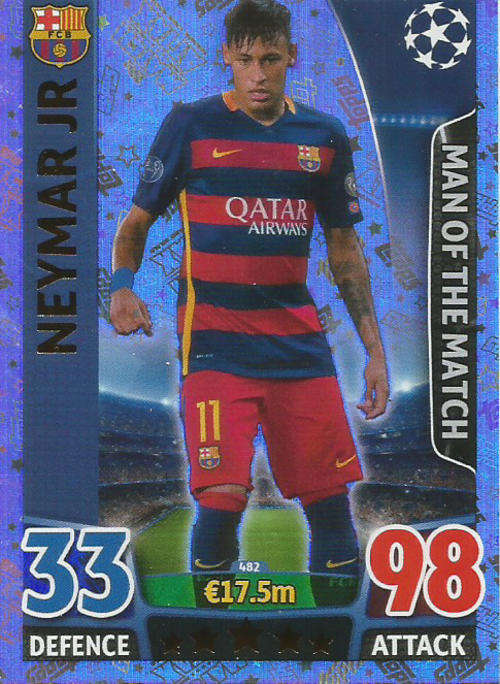 NEYMAR Jr - CHAMPIONS LEAGUE  2015/16 - TOPPS - `MAN of the MATCH` TRADING CARD