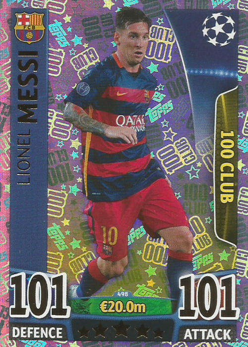 LIONEL MESSI - TOPPS CHAMPIONS LEAGUE  2015/16 - RARE `CLUB 101` TRADING CARD
