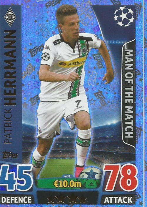 PATRICK HERRMANN  - CHAMPIONS LEAGUE  2015/16 - TOPPS - "MAN of the MATCH" TRADING CARD