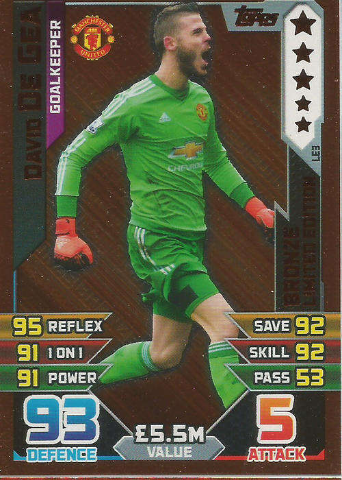 DAVID DE GEA - MATCH ATTAX "EXTRA" 2016 - BRONZE "LIMITED EDITION" TRADING CARD