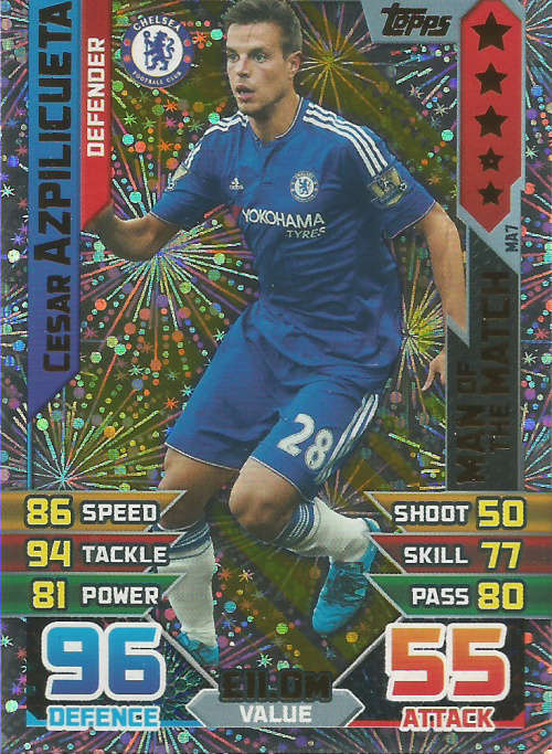 CESAR AZPILICUETA - MATCH ATTAX "EXTRA" 2016 -  "MAN of the MATCH" TRADING CARD