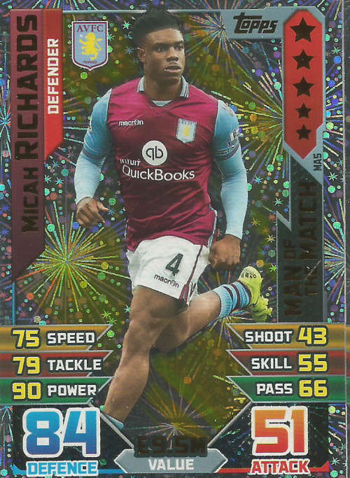 MICAH RICHARDS - MATCH ATTAX "EXTRA" 2016 -  "MAN of the MATCH" TRADING CARD