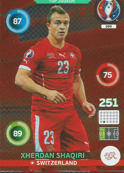 PANINI EURO 2016 - XHERDAN SHAQIRI "TOP JOUEUR" FOIL TRADING CARD 399