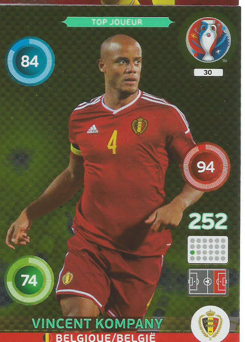 PANINI EURO 2016 - VINCENT KOMPANY  "TOP JOUEUR" FOIL TRADING CARD 30